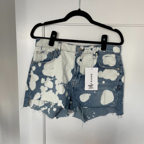 Frame Le Ultra Baggy Denim Shorts Sz 26 Bleach Spots Raw Hem High Rise - Picture 6 of 9